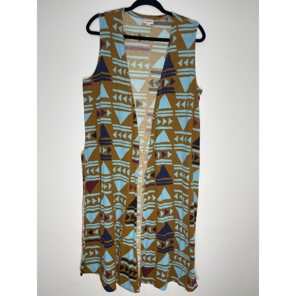 LuLaRoe Joy Vest Womens Medium Mustard Yellow Geometric Ribbed Longline Duster - Picture 8 of 8